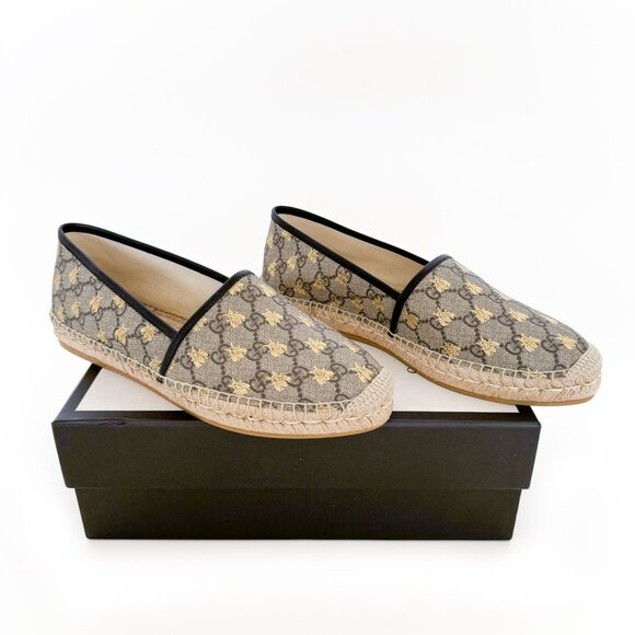 Gucci Pilar GG Bee Espadrille Flats EU 42 US 12 Beige Supreme Canvas Slip On - Picture 1 of 12